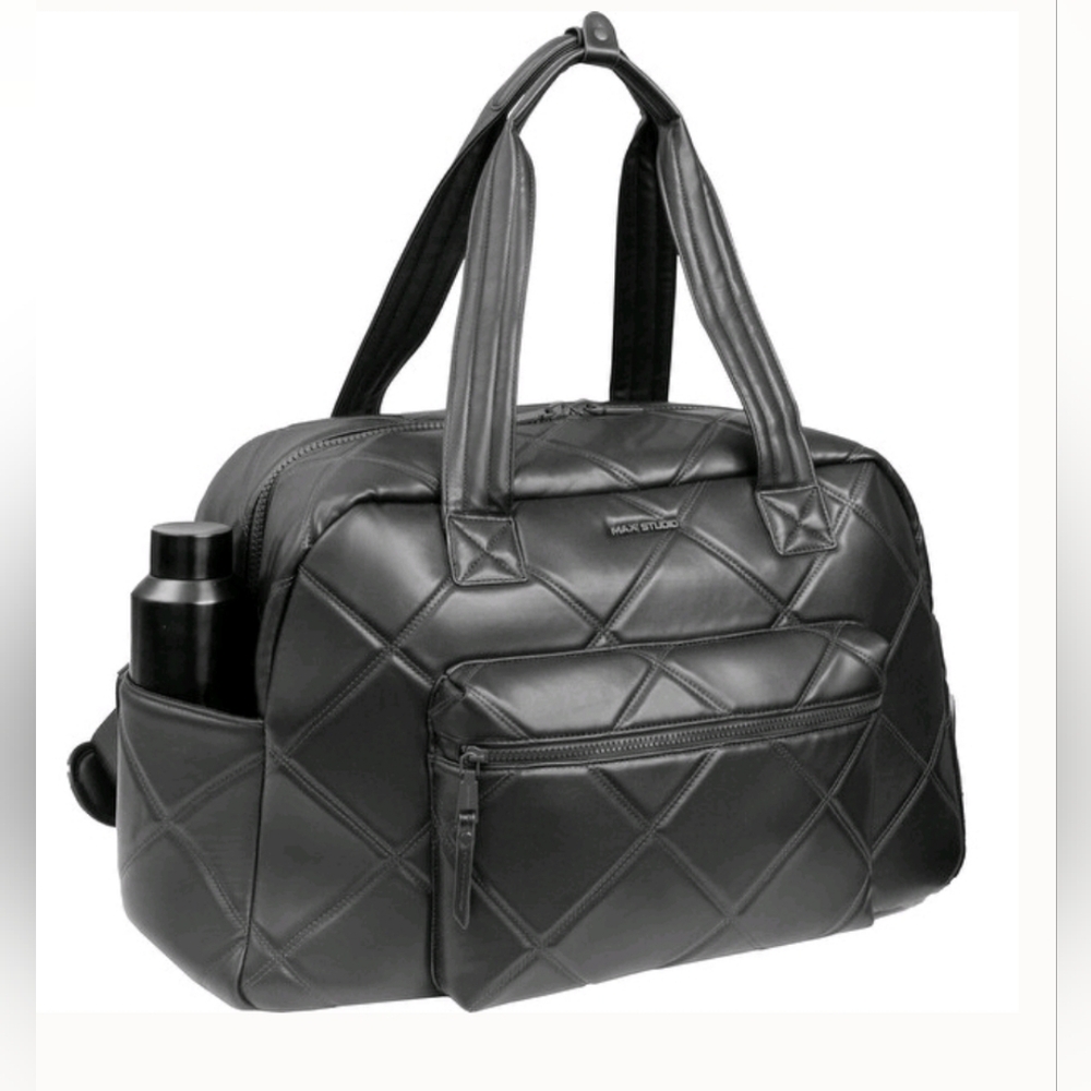 NWT MaxStudio 20" Large Double Diamond Quilted Weekender - Black Vegan Leather